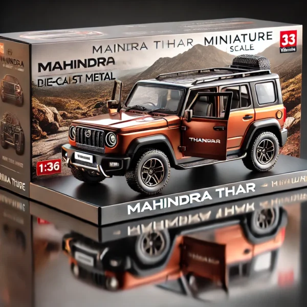 1:36 scale die-cast metal Mahindra Thar toy car with openable doors and pull-back action, perfect for collectors and car enthusiasts.