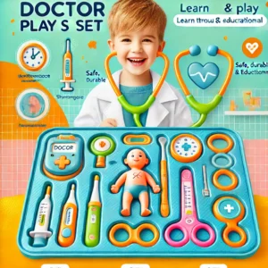 A colorful and interactive doctor play set for kids, featuring a stethoscope, syringe, thermometer, and other medical tools, perfect for educational role-playing.