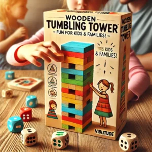 A colorful and fun Wooden Tumbling Tower Stacking Game with 48 wooden blocks and 3 dice, perfect for educational play and family bonding.